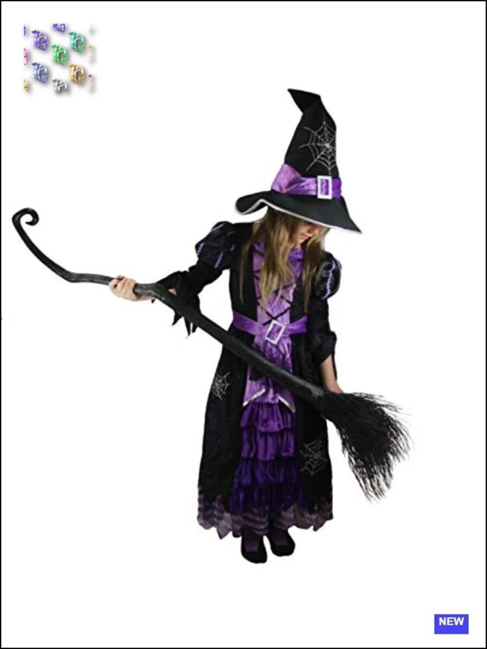 Toddler Girls Deluxe Witch Costume Set with Broom, Full Skirted Dress and Hat